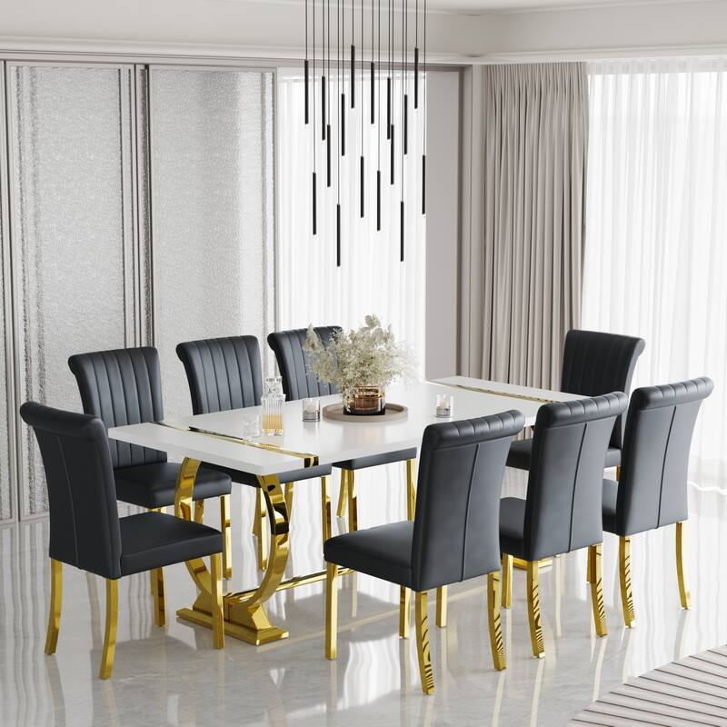 Luxury Dining Table Set with PU Leather Dining Chairs - Black and Gold - Table with 8 Chairs