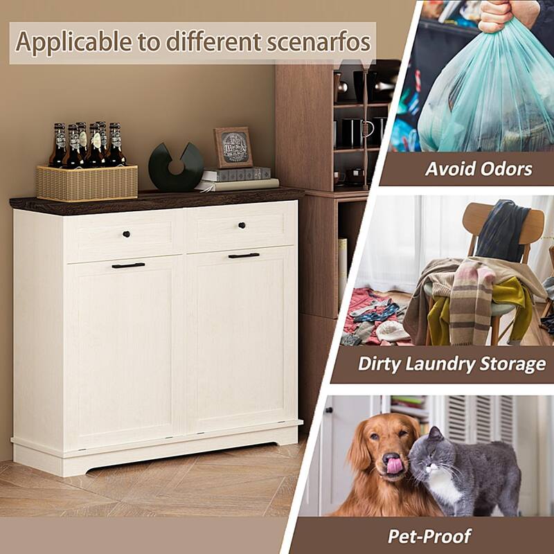 20 Gallon Double Tilt Out Trash Can Cabinet Freestanding Trash Bin Cabinet Wood Garbage Recycling Cabinet with Hideaway Drawer