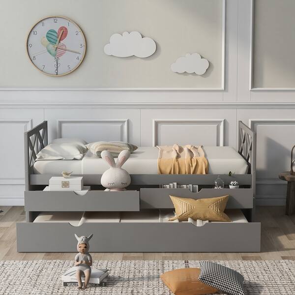 slide 2 of 39, Twin Size Wooden Daybed with 2 Drawers and Trundle for Kids Teens Grey - Twin