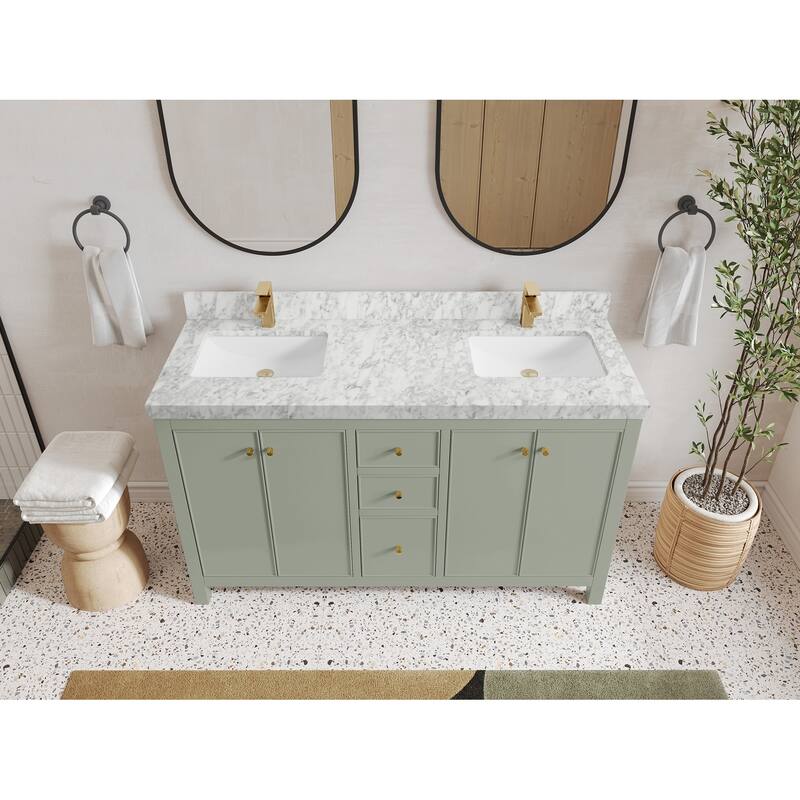 Willow Collections 60 in. W x 22 in. D Chicago Double Sink Bathroom Vanity with Countertop - 2”Carrara Marble - Evergreen