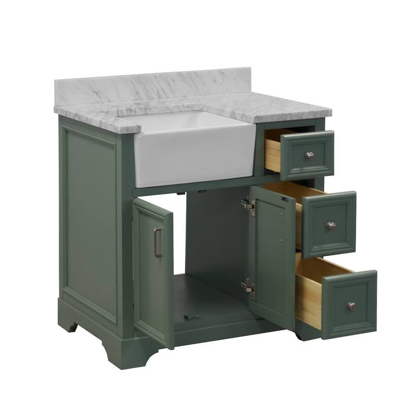 KitchenBathCollection Zelda 36" Farmhouse Bathroom Vanity with Carrara Marble Top
