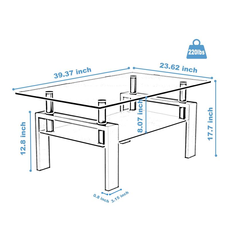 Modern Clear Coffee Table with Metal Base and Storage Shelf