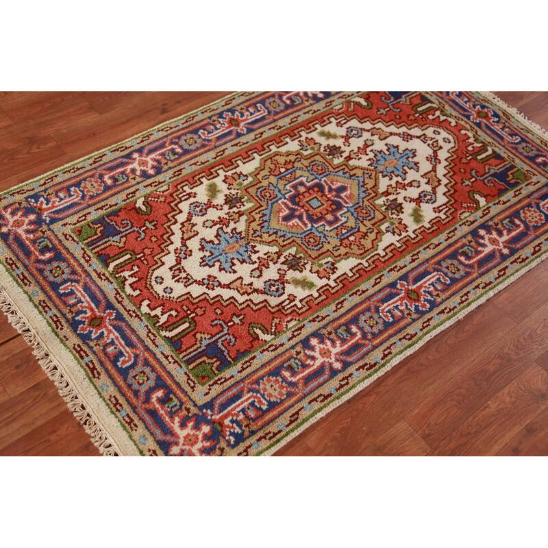 Ivory Geometric Heriz Serapi Indian Foyer Rug Handmade Wool Carpet - 3'0"x 4'11"