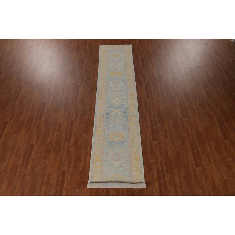 Blue Oushak Turkish Runner Rug Handmade Vegetable Dye Wool Carpet - 3'0"x 14'1"