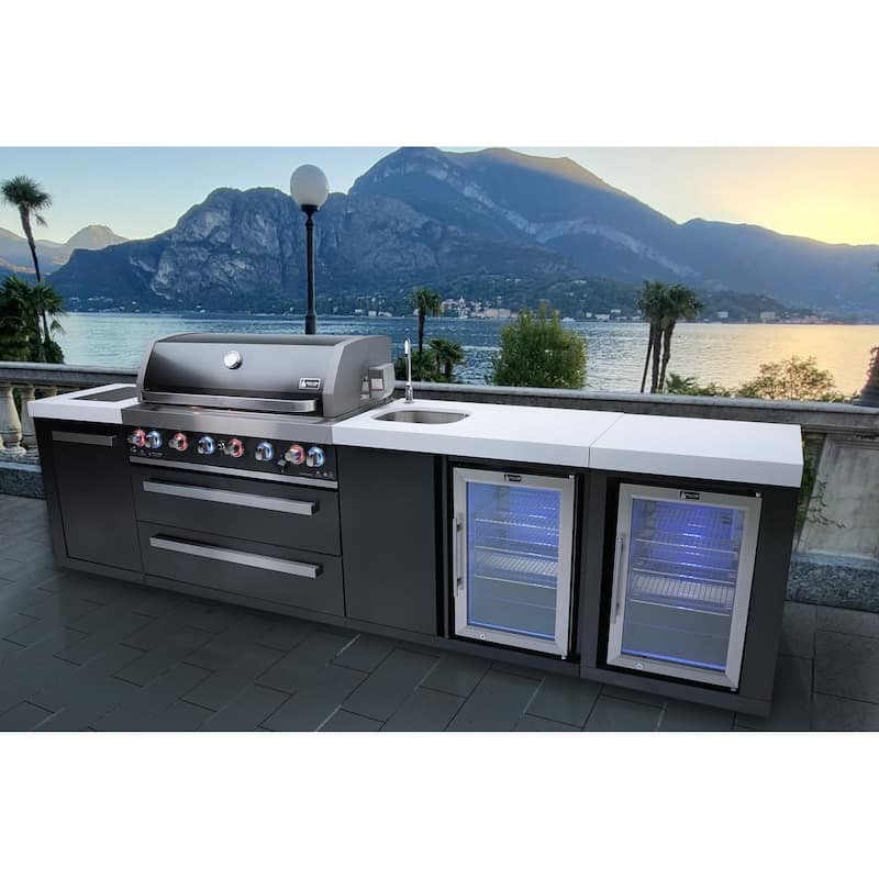 Mont Alpi MAi805-BSSBEVFC 6-Burner Black Stainless Steel Modular Outdoor Kitchen Island Grill + Beverage Center + Fridge Cabinet