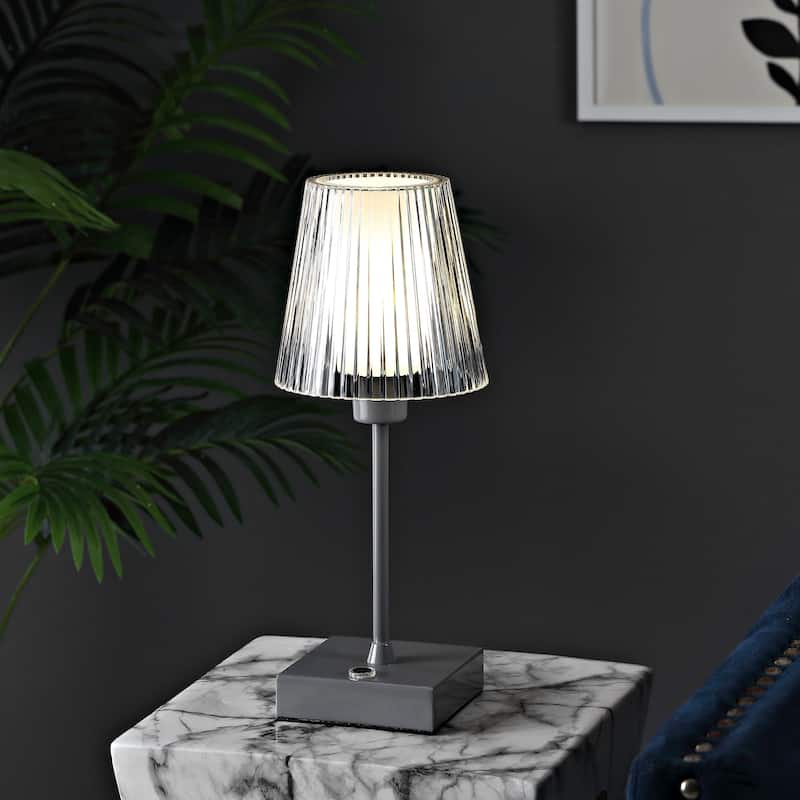 Lina 12.5" Modern Industrial Rechargeable/Cordless Iron/Acrylic Integrated LED Table Lamp with Ribbed Shade, by JONATHAN Y