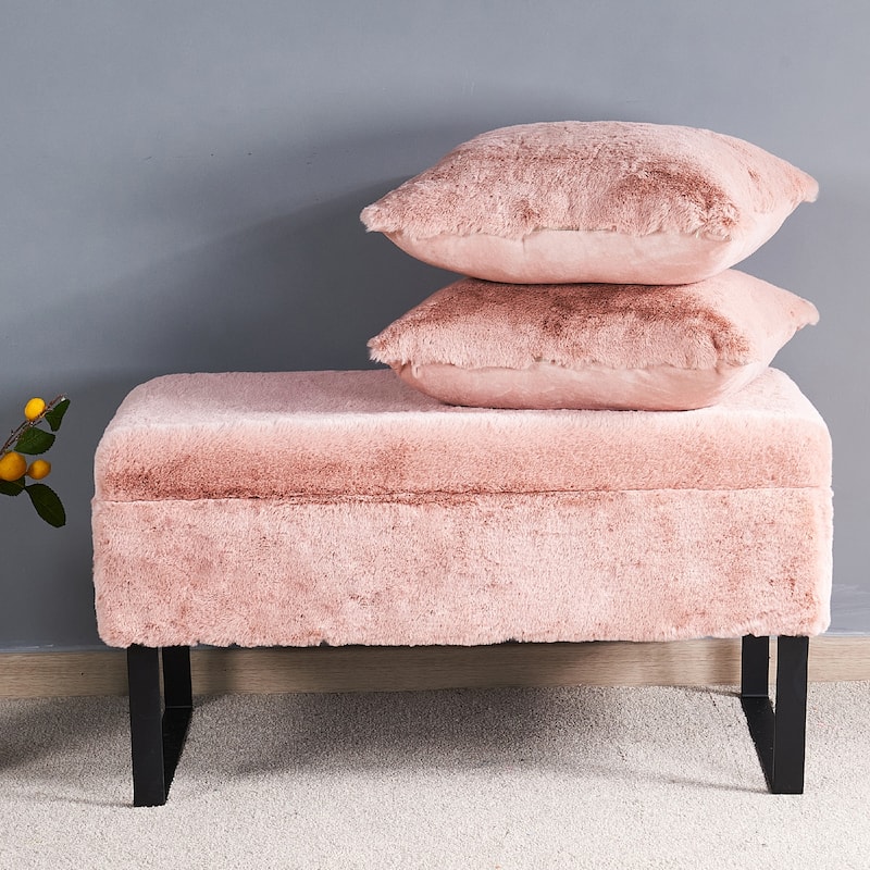 Heavy FauxFur Storage Ottoman with 2 Pillow Set