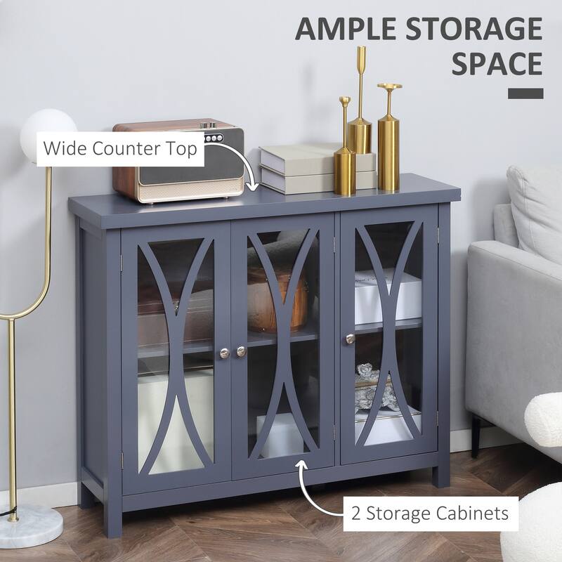 Buffet Cabinet with 3 Tempered Glass Doors, Arc Pattern and Adjustable Storage She