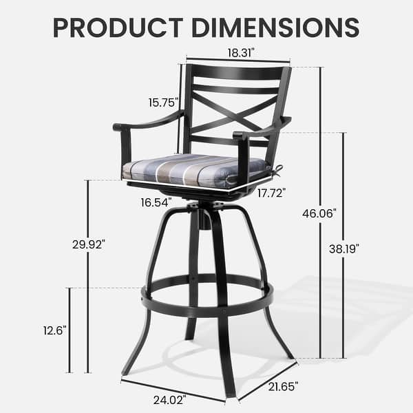 dimension image slide 12 of 15, Outdoor Cast Aluminum Sunbrella Swivel Bar Stools Patio Bar Height Barstools with Back