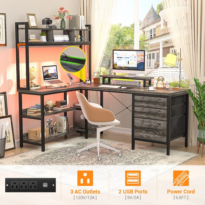 Ultimate L-Shape Gaming Desk with Bookshelf Hutch and 3 Fabric Drawers, Computer Desk with Power Outlets and LED Lights