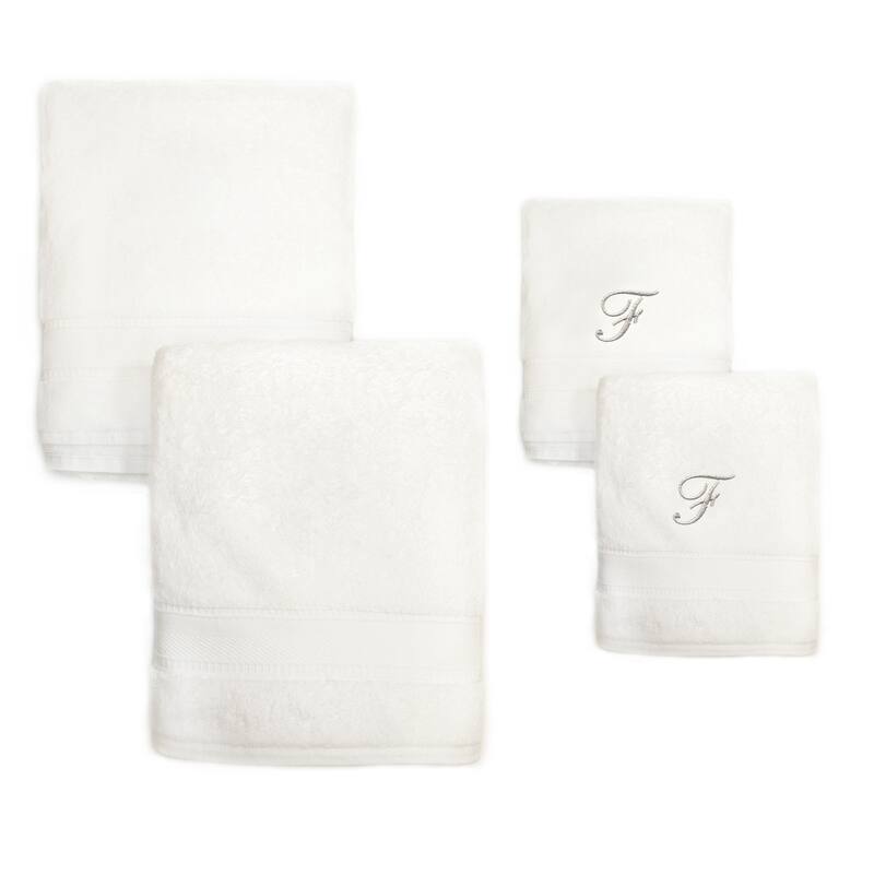 Authentic Hotel and Spa 4-piece White Turkish Cotton Towel Set with Silver Script Monogrammed Initial - White - F