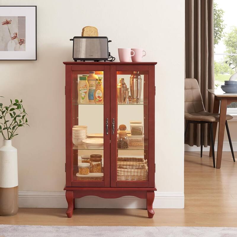 Roomfitters 2 Doors Curio Cabinet with Tempered Glass Doors, Mirrored Back Panel, Adjustable Shelves, Lighted Display Cabinet