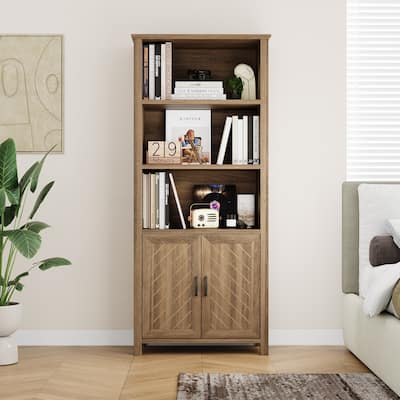 Farmhouse Bookshelves and Bookcases with Doors, 5-Tier Storage Bookshelf