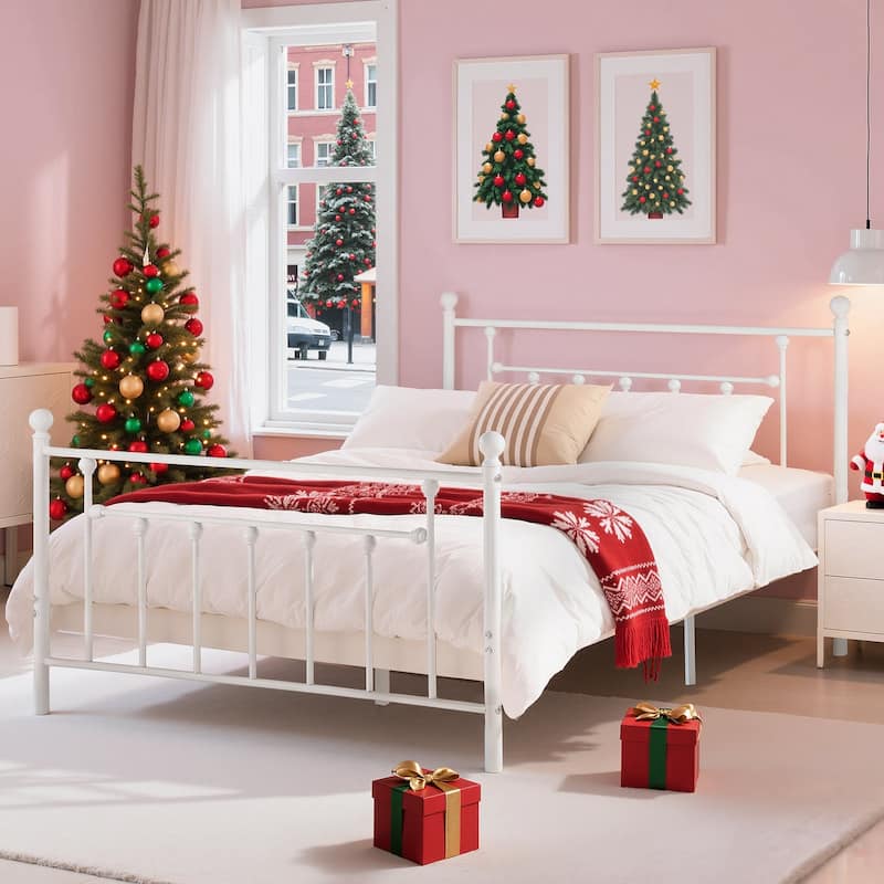 VECELO Metal Platform Bed Frame with Headboard and Footboard Heavy Duty Slat Support Underbed Storage Space Victorian Style