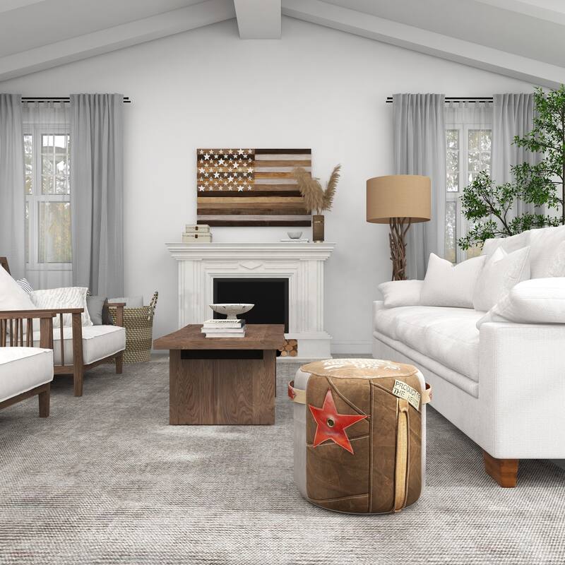 Brown Canvas Pouf with Leather Accents