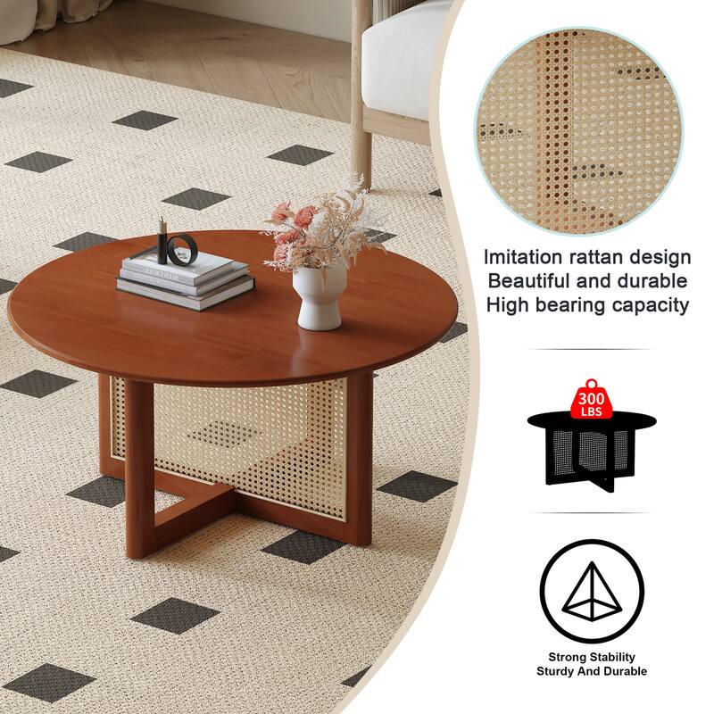 Modern Dark Red Wooden Coffee Table Solid Wood Rattan Coffee Table with Artificial Rattan, for Living Room
