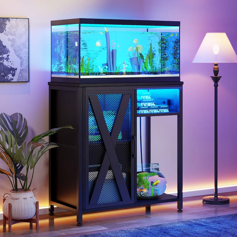 LED Aquarium Stand with Storage Cabinet and Power Outlets