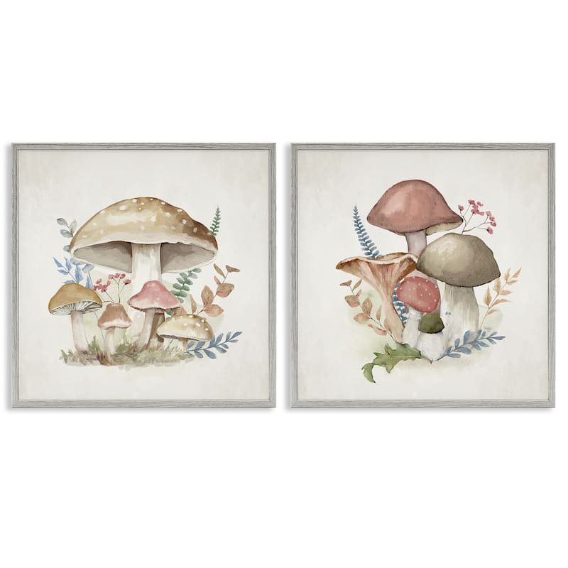 Stupell Pastel Blooming Mushrooms Framed Giclee Art Design By Mollie B. (Set of 2) - 24 x 24 - Grey