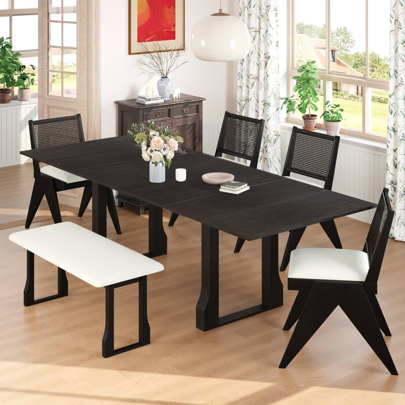 6 Piece Extendable Dining Table Set w/ 4 Upholstered Dining Chairs and Bench - Espresso