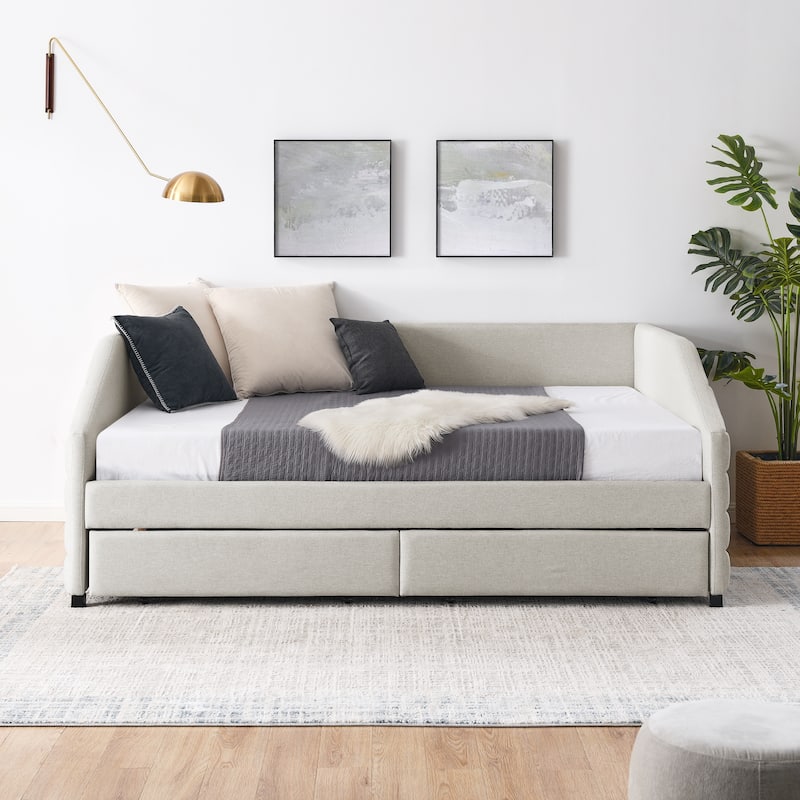 Queen Size Daybed with Two Drawers Trundle Upholstered Tufted Sofa Bed, Linen Fabric - Beige - Queen