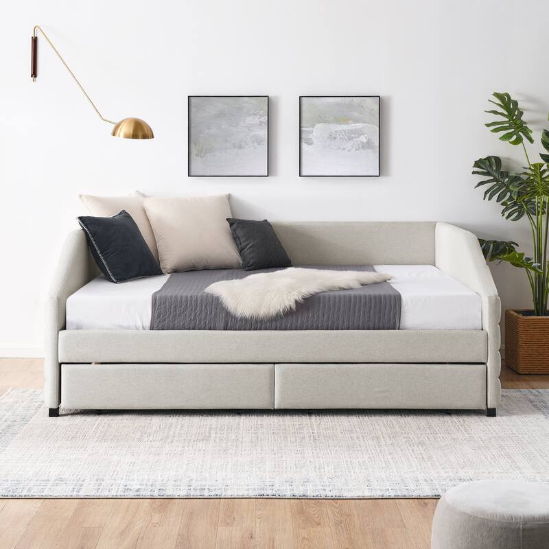 Twin/Full/Queen Size Upholstered Daybed with 2 Drawers, Linen Fabric Upholstered Sofa Bed, Wheeled Storage Daybed w/ Wood Frame