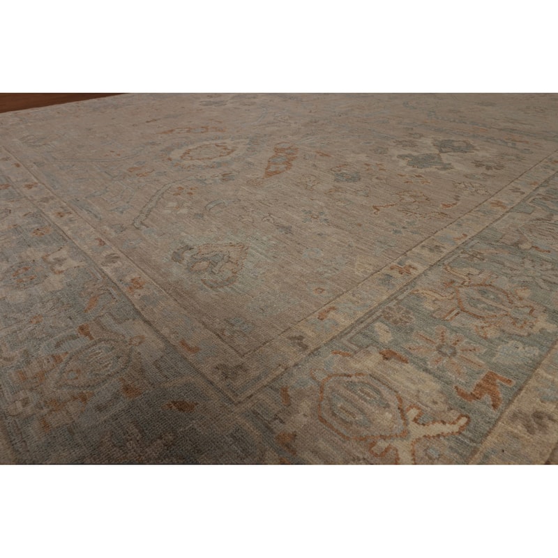 Beige Floral Oushak Turkish Area Rug Hand-Knotted Wool Carpet - 9'0"x 11'9"