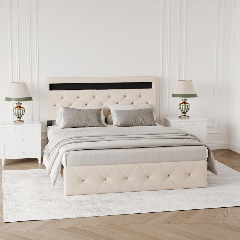 Upholstered Bed Frame with Storage Headboard, LED Lights, Charging Station & Wood Slats, Easy Assembly