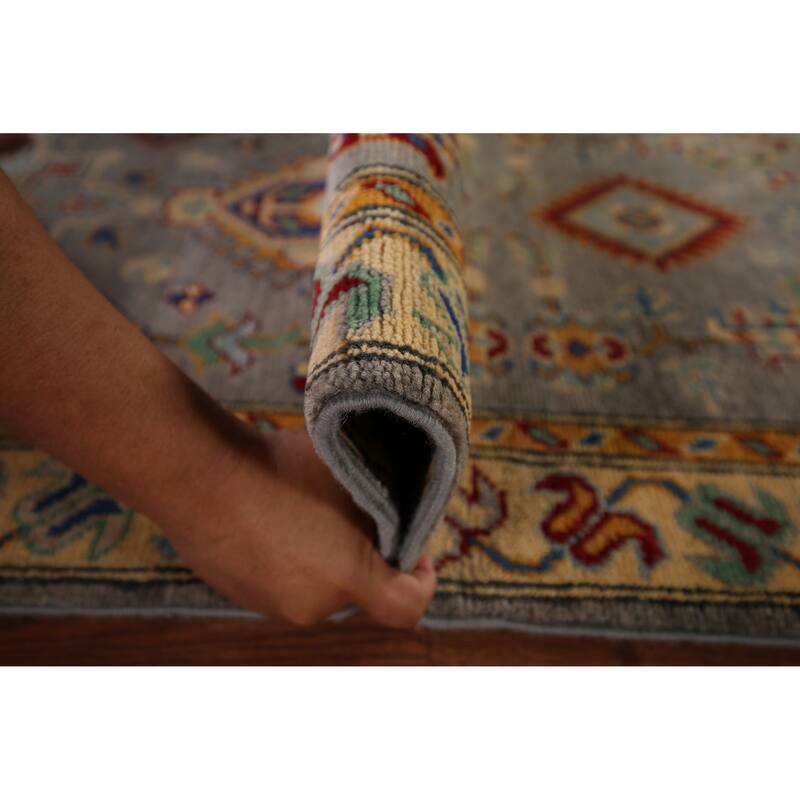 Geometric Kazak Runner Rug Hand-Knotted Grey Wool Carpet - 2'7" x 16'3"