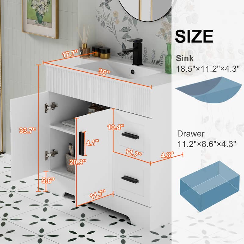 30"/36"/48" Single Bathroom Vanity Set with Drop in Sink Top with Wave Lines