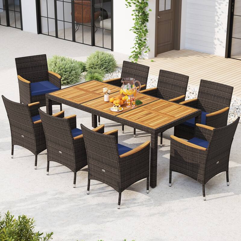 Gymax 9 Pieces Patio PE Wicker Dining Set Outdoor Acacia Wood Table & - Mix Brown+ Navy