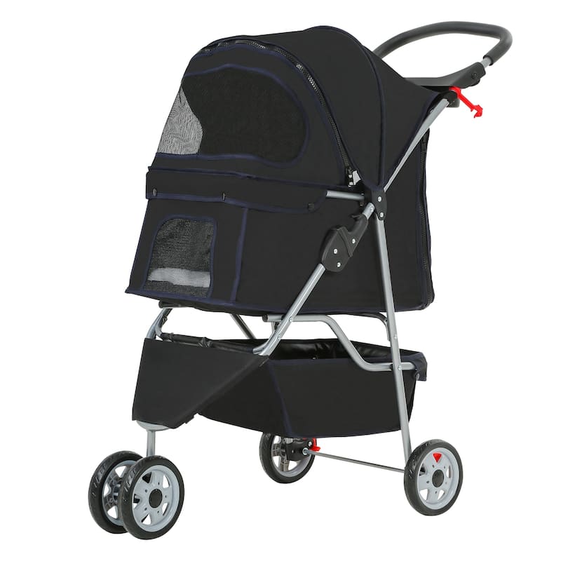Buster Black 3-Wheel Pet Stroller Waterproof Travel Folding Carriage with Mesh Window by Furniture of America - Black