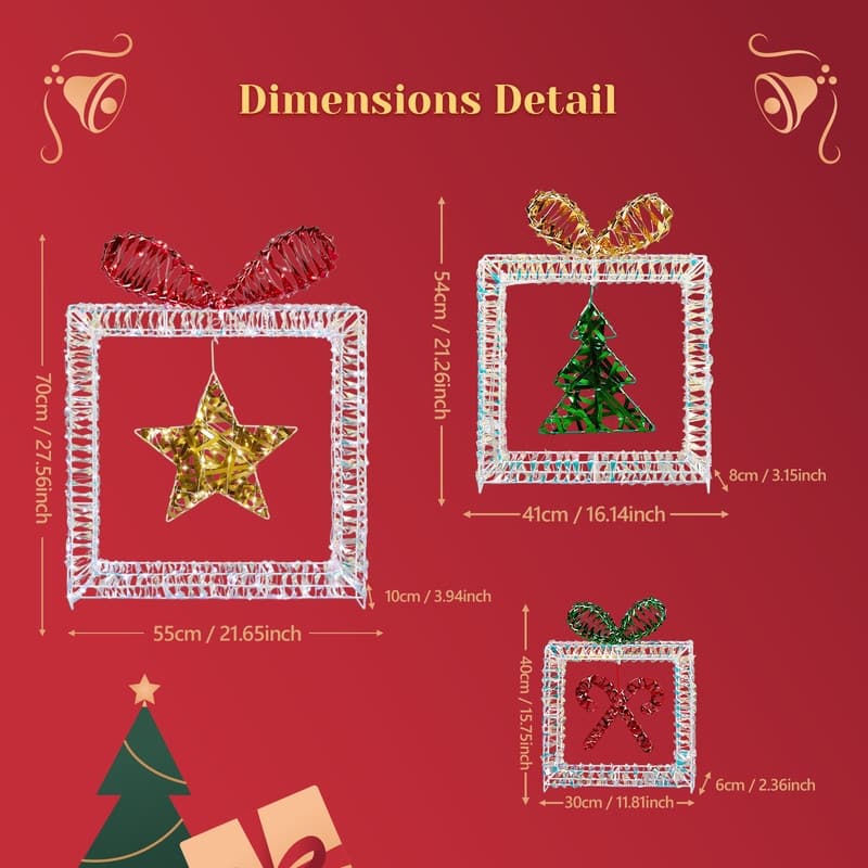 Set of 3 Lighted Iridescent Cut-out Gift Box Christmas Decorations, Pre-lit Holiday Decor for Xmas Decor Holiday Displays