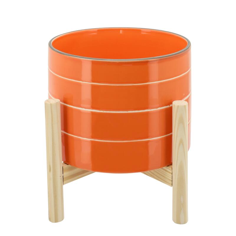 Sagebrook Home Modern Bright Orange Stripe Planter Pot with Natural Wood Stand - Orange Striped