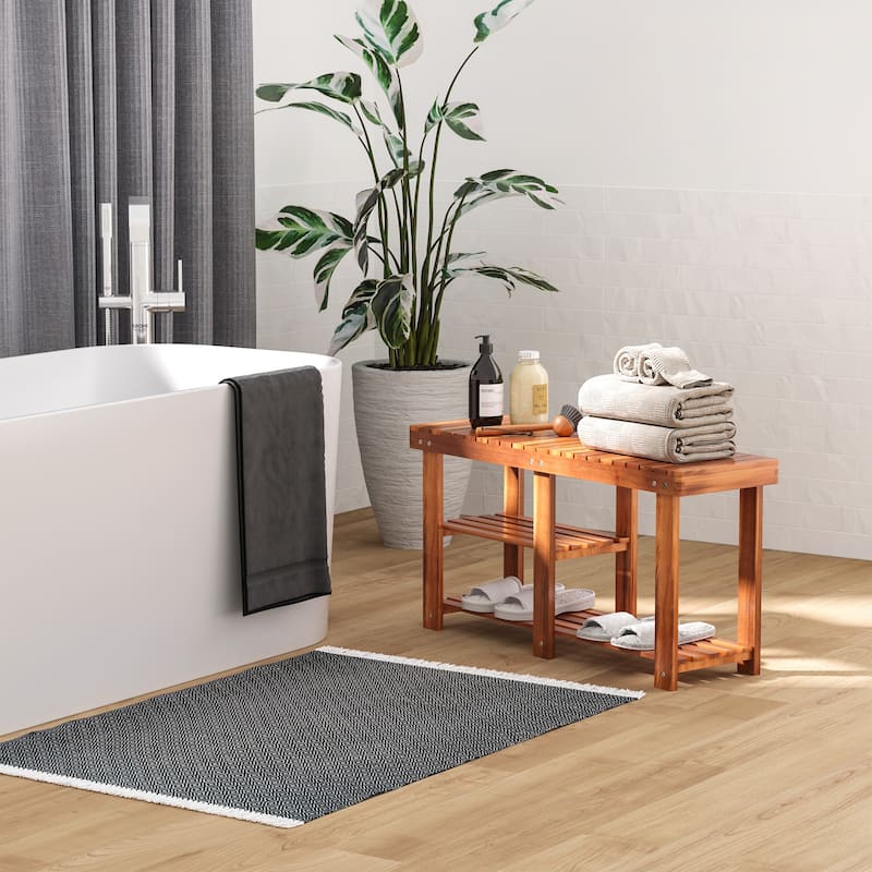 Teak Ottoman Bench Shoe Rack Bench with Three Tier Open Shelves, Wooden Dining Bench Window Bench Decorative Bench