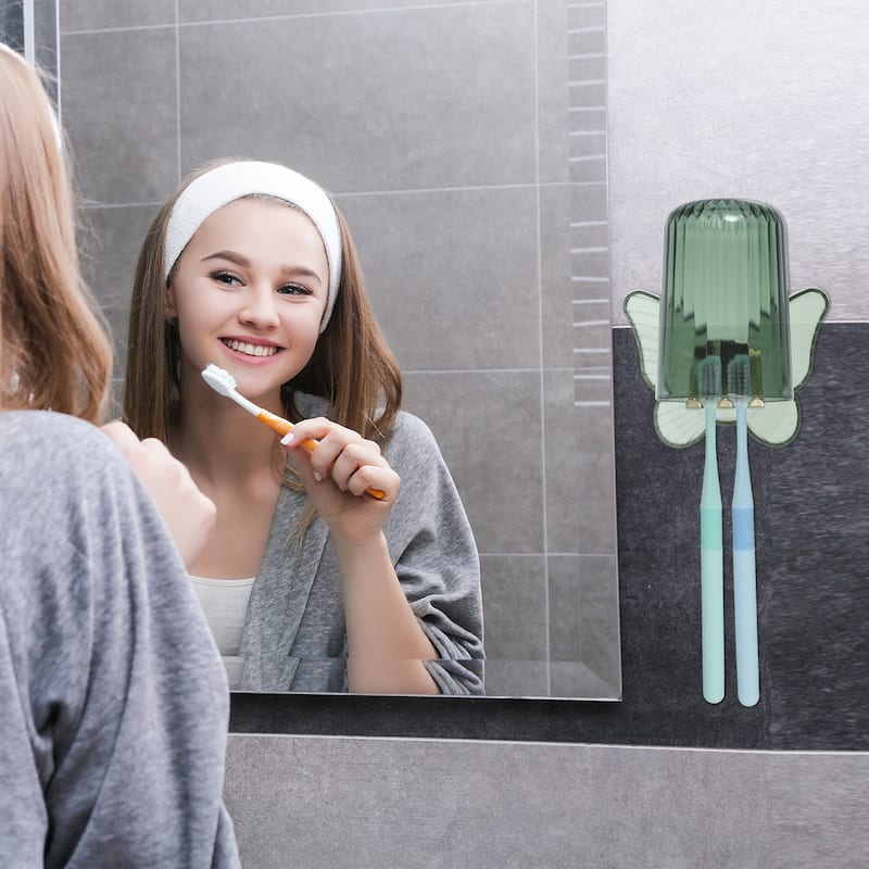 1 Set Wall Mounted Toothbrush Holder, Cute Hanging Toothbrush Holder with Cup, 4.33"x3.35" - Green