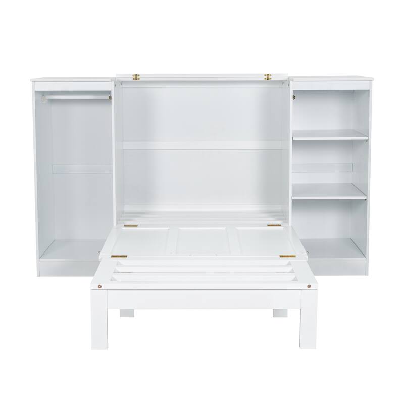Twin Murphy Bed with Wardrobe, Bookcase Shelves & Pull-Out Drawer, Solid Wood Frame in White