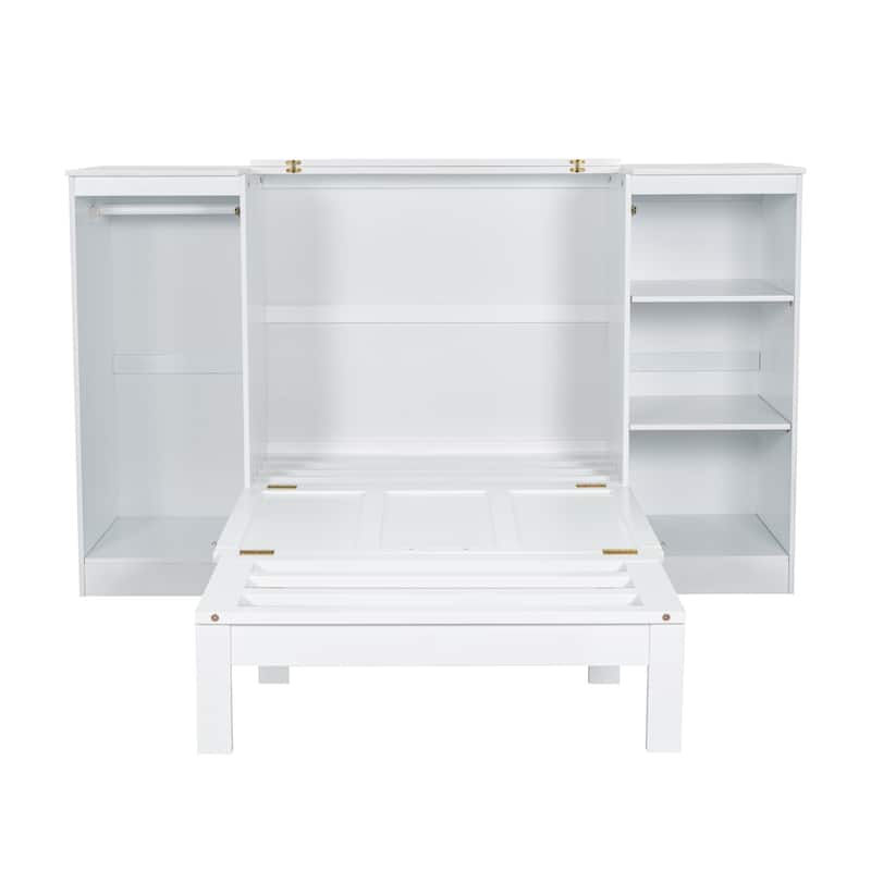 Twin Size Murphy Bed with Bedside Shelves and Wardrobe, White