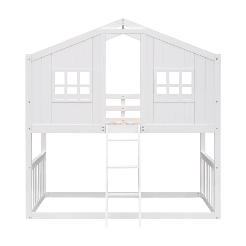 Full Size Loft Bed with Playhouse Design, Built-in Desk and Shelves