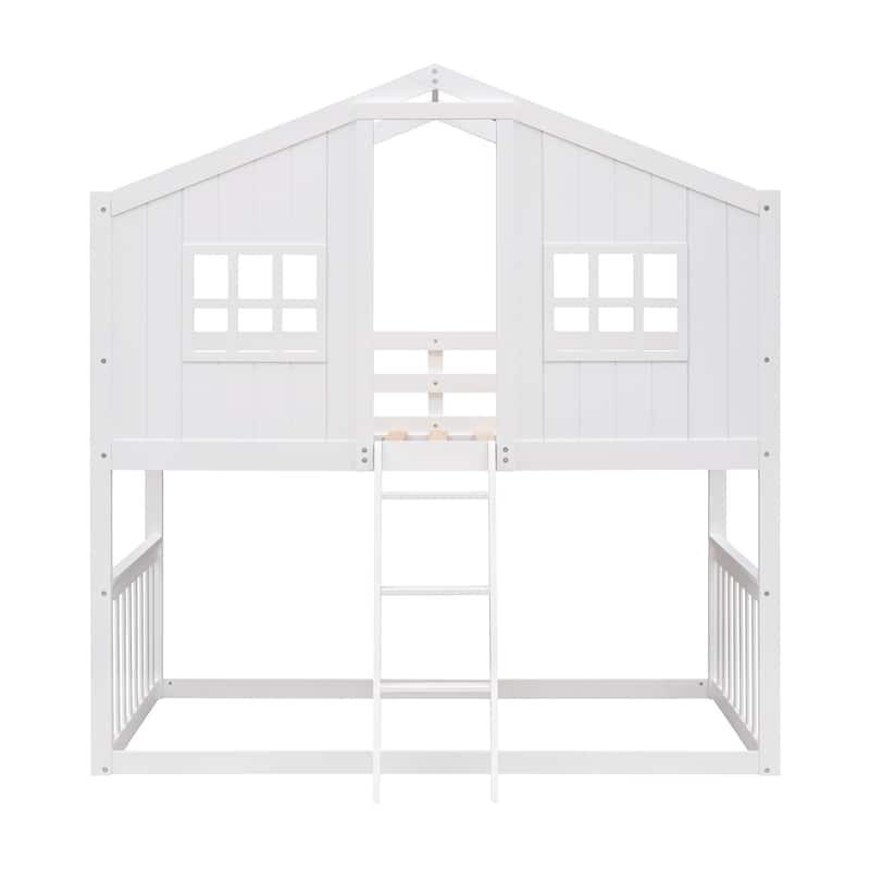 Playhouse Style Kids Bunk Bed with Fence, Twin Over Twin House Bed with Roof, Window, Ladder and Solid Pine Wood Frame
