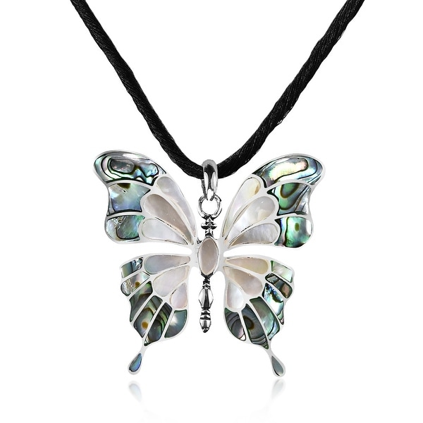 Handmade Seashell Inlaid Butterfly on Sterling Silver Silk Chord Necklace (Thailand) - Green. Opens flyout.