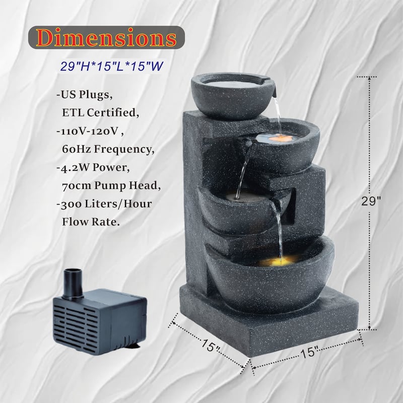 GDFStudio - Terrazzo 29" H Modern Outdoor/Indoor 4-Tier Water Fountain with Cascading Bowls, Stacked Stones Design & LED Lights