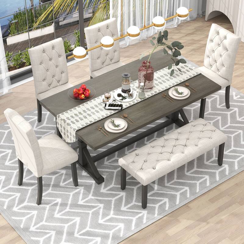 6-Piece Farmhouse Dining Table Set 72" Wood Rectangular Table, 4 Upholstered Chairs with Bench