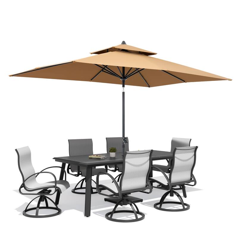 9-Piece Set Outdoor Aluminum Dining Table and Swivel Sunbrella Dining Chairs with Market Umbrella and Base