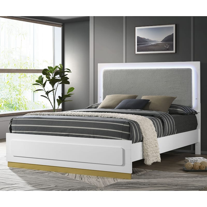 Upholstered Panel Bed with LED Lighting in White