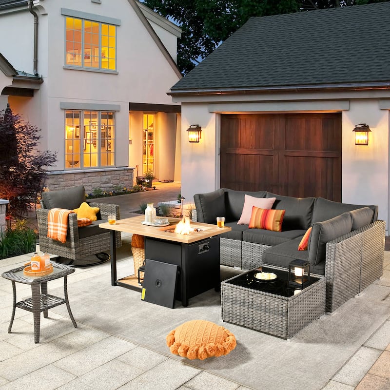 XIZZI 8-piece Outdoor Patio Furniture Sectional Set with Fire Pit Table - Black