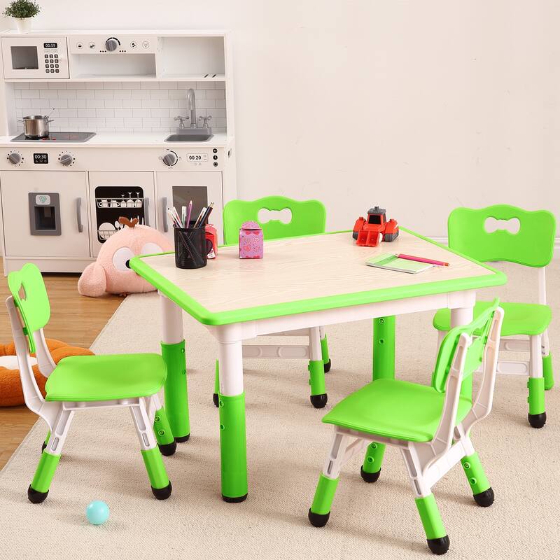 Kids Table and Chairs Set, Height Adjustable Desk With 4 Seats - Green