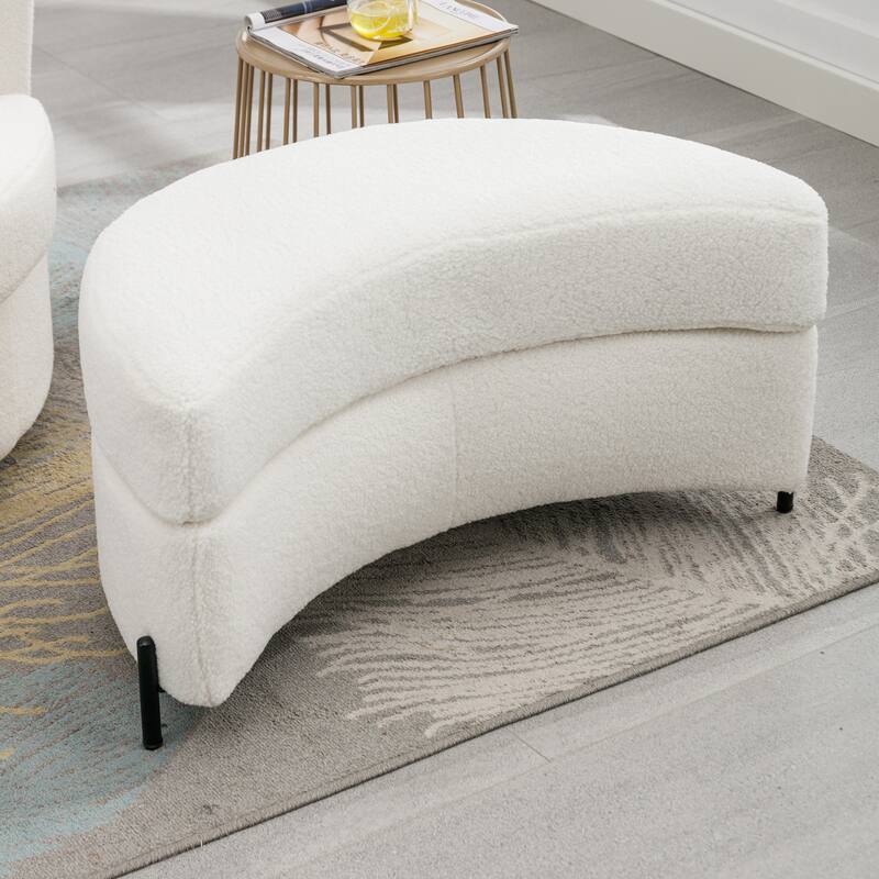 32.7" W Sherpa Upholstered Half Crescent Moon Storage Bench Large Ottoman With Tray Serve As Side Table Soft Padded Seat
