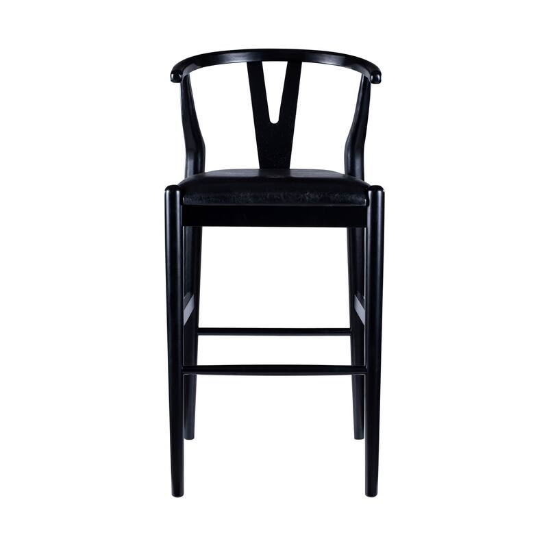 Cera Barstool Chair Set of 2, Rich Faux Leather Seat, Black Rubberwood