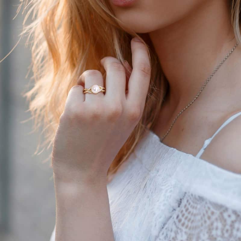 Miadora 7.5-8mm White Cultured Freshwater Pearl and Diamond Accent Split-Shank Ring in 10k Yellow Gold