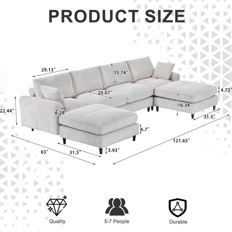 6-Seat Modern Corduroy Modular Sectional Sofa U-Shaped Convertible L-Shaped Design with Ottoman and Pillows